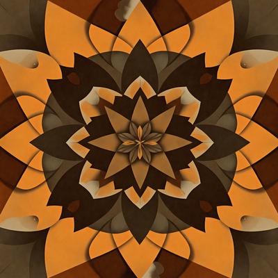 The primary subject of the image is a flower, which is the main object, scene, or focus of the image. The setting/background features a brown and orange color scheme, giving the image a warm and earthy tone. The visual style is a combination of photo and digital art, creating a unique and intricate design. The colors and mood of the image are predominantly brown and orange, with a touch of green, giving it a natural and earthy feel.